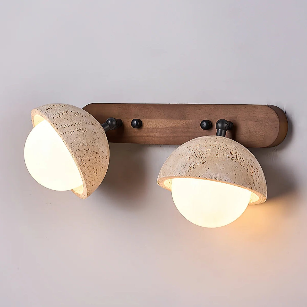 Travertine and Wood Wall Light with Glass Shades