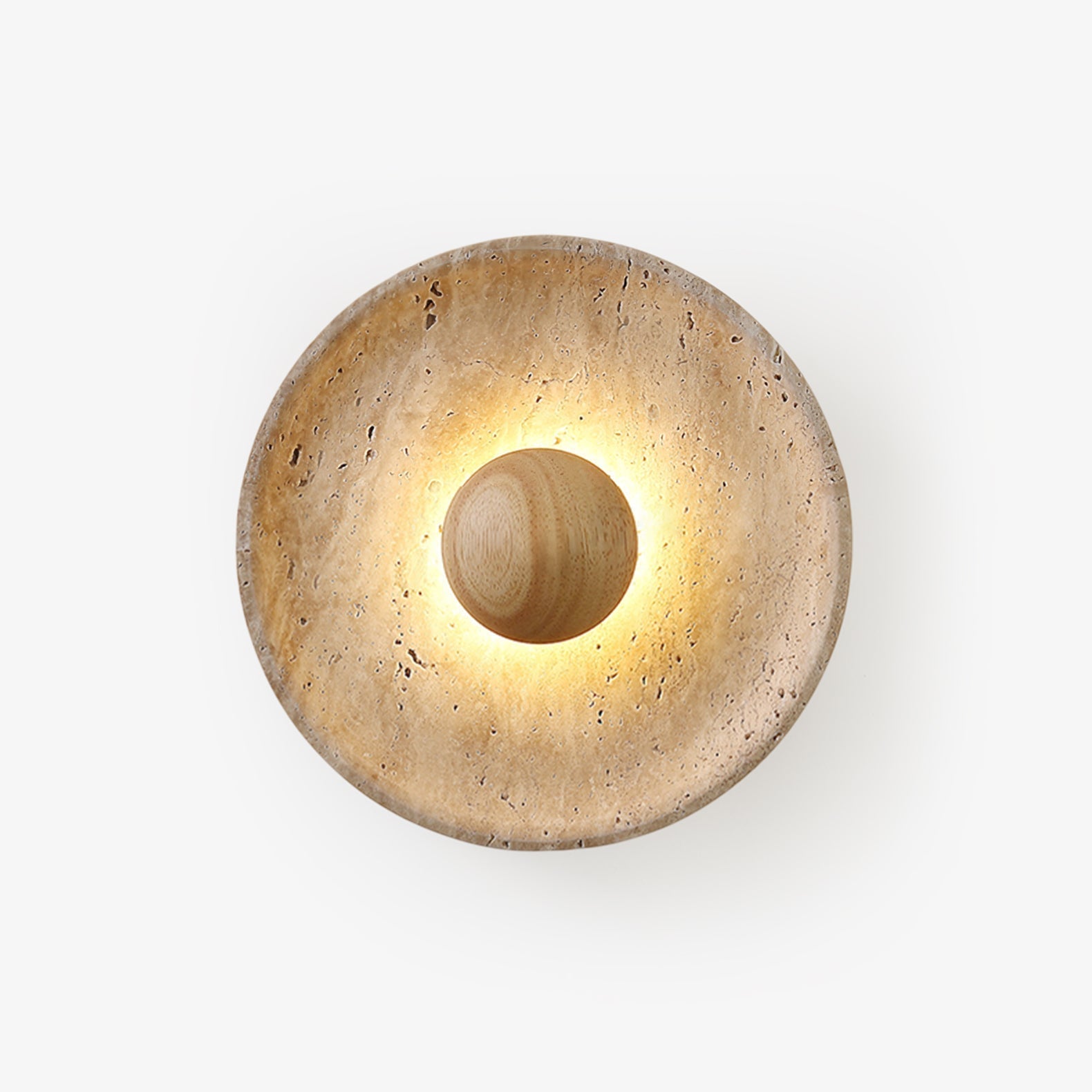 Aveny | Wall Lamp with Travertine Disc & Wooden Sphere | Artistic Wall Lighting for Modern Interiors 1