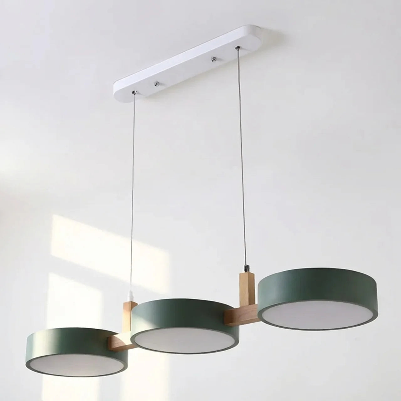 Linear Pendant Light Metal Drum Shades with Wood Beam