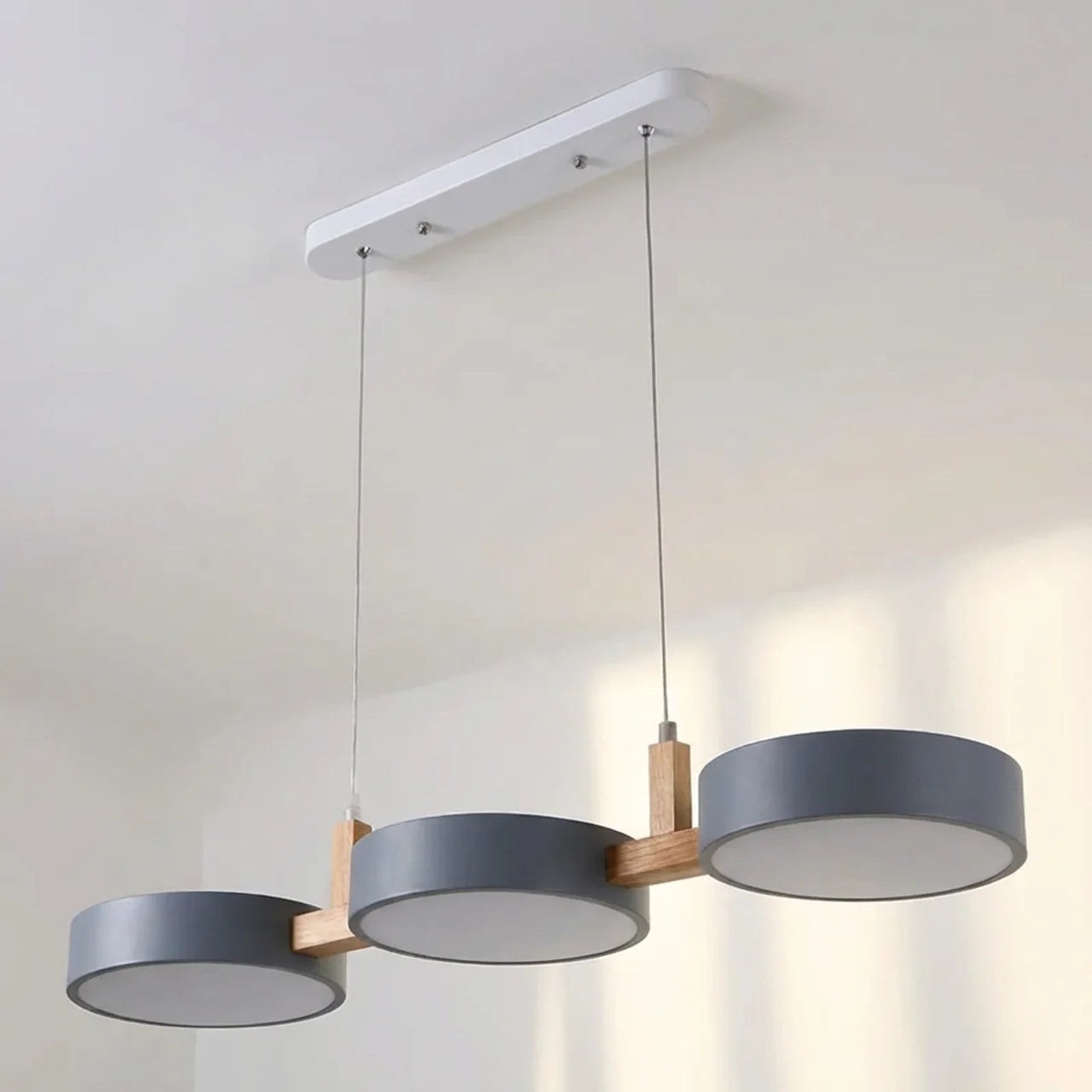 Linear Pendant Light Metal Drum Shades with Wood Beam