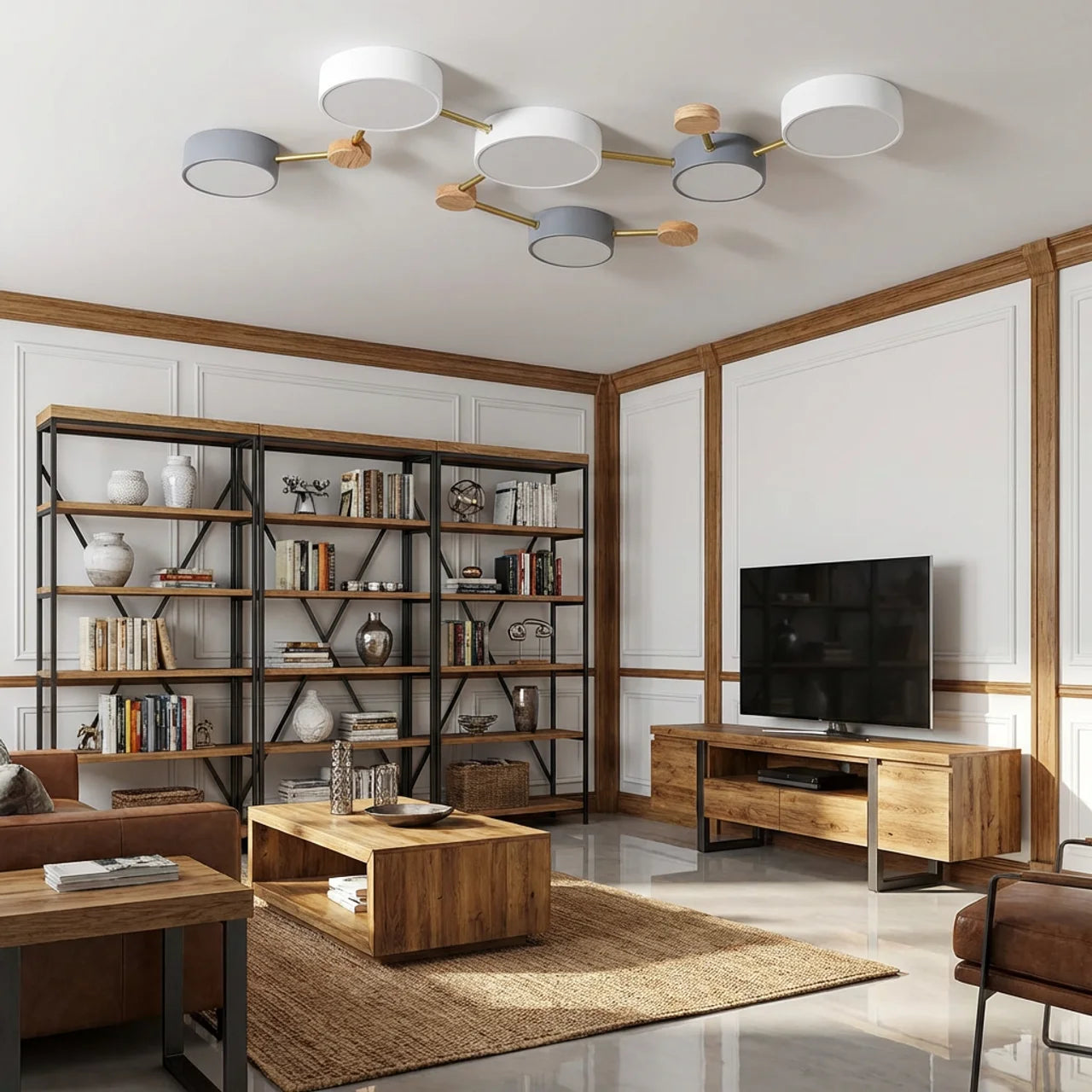 Flush Mount Ceiling Light Solid Wood and Iron with Integrated LED