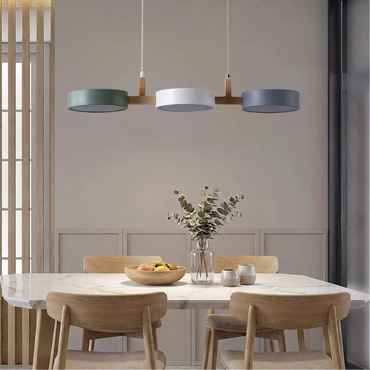 Linear Pendant Light Metal Drum Shades with Wood Beam